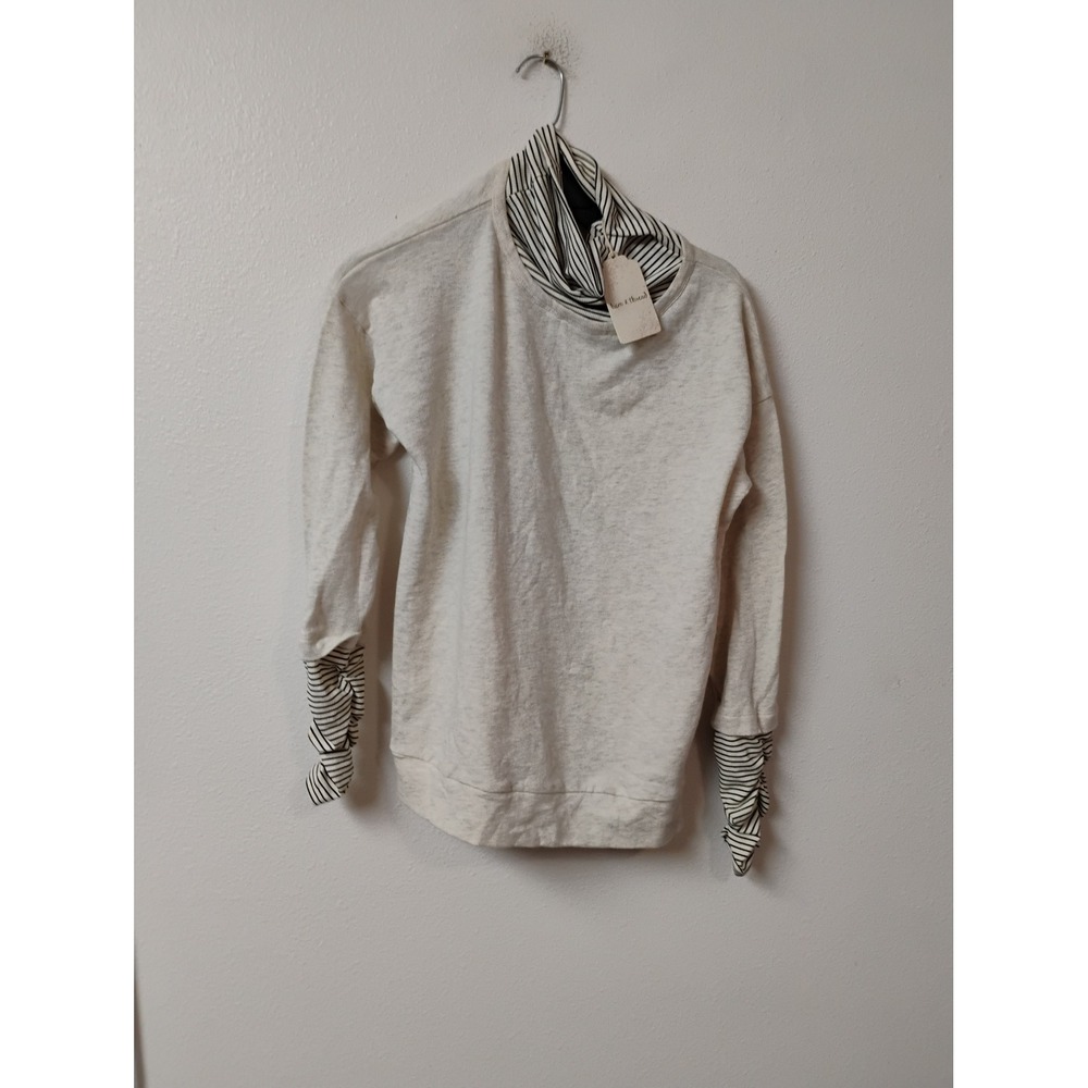 Hem & Thread Oatmeal Heather Striped Layered Mock Neck Sweatshirt Small NWT